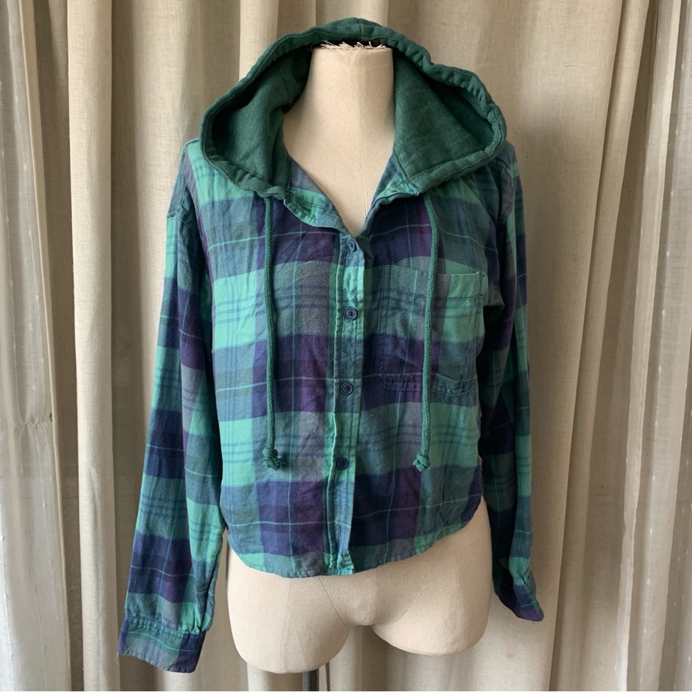 AMERICAN EAGLE CROPPED  BLUE GREEN BUTTON UP HOODED TOP M